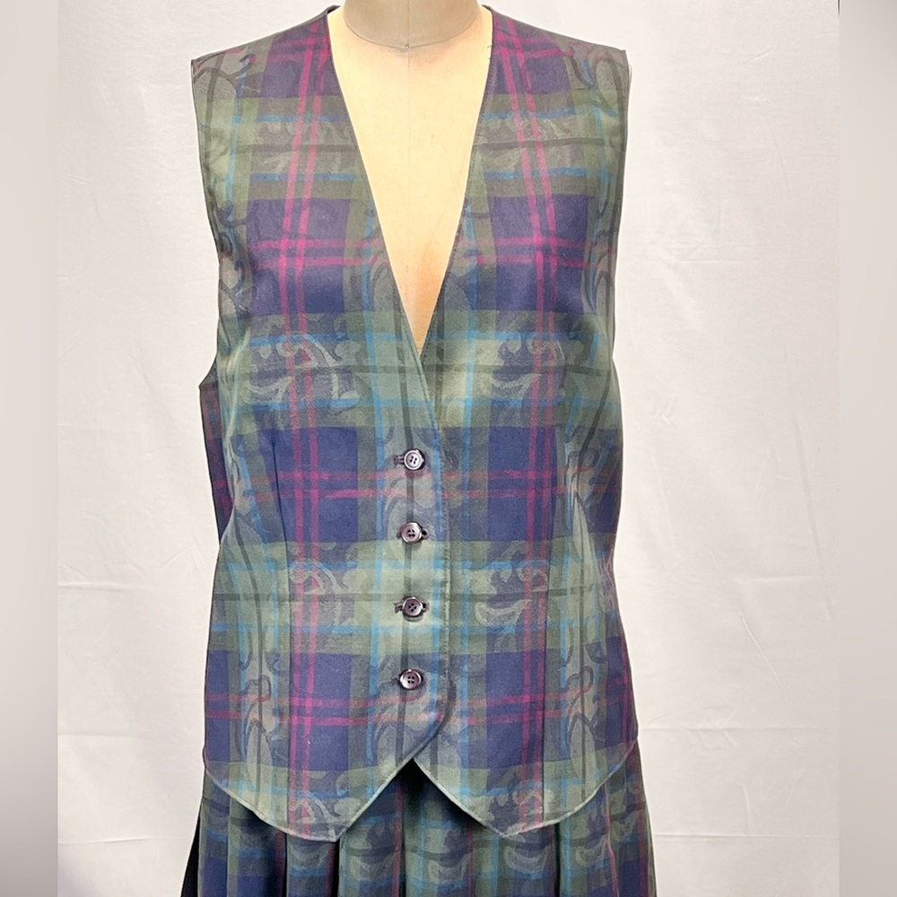 VINTAGE 90s Pendleton tartan plaid 2 piece dress set maxi pleated skirt vest - Picture 4 of 14